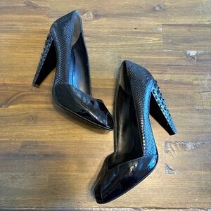 Miu Miu Black Patent Peep Toe Jeweled Heels Python Snake Skin Rhinestones 37